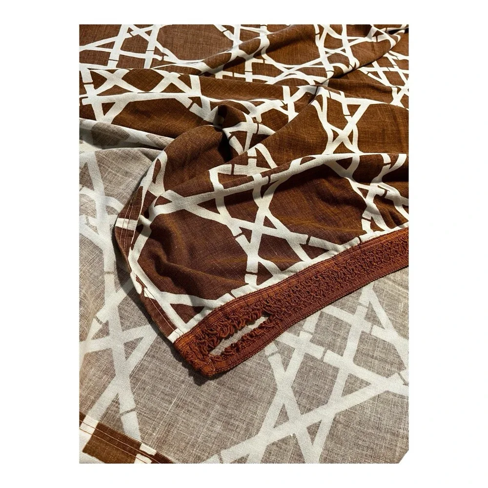 VTG 70s Bates Cotton Bedspread Brown White Boho Lattice Crochet Trim Queen